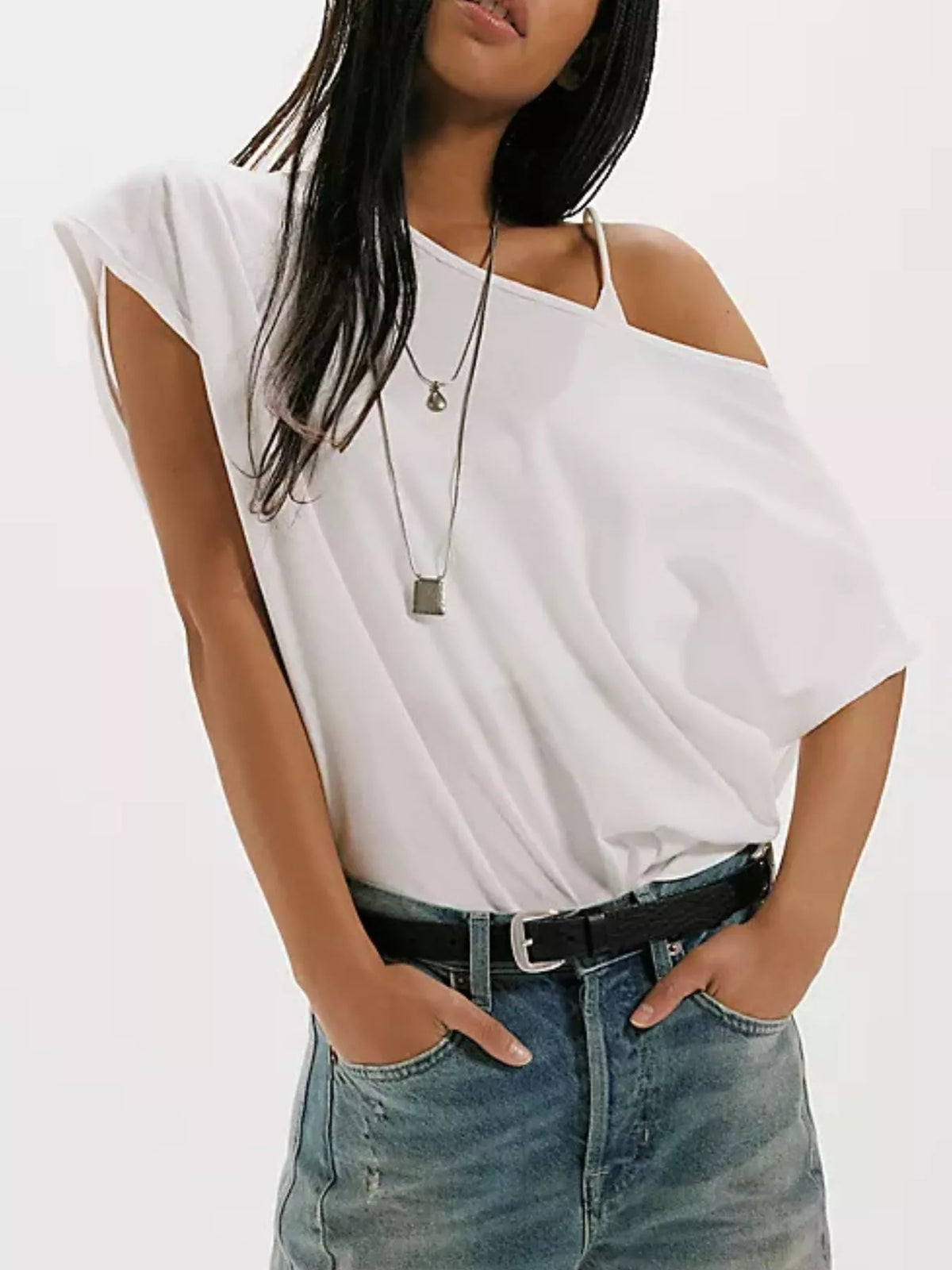 Solid color one-shoulder t-shirt from Plush Fashion Hub, casual tops, featuring a stylish asymmetrical design.