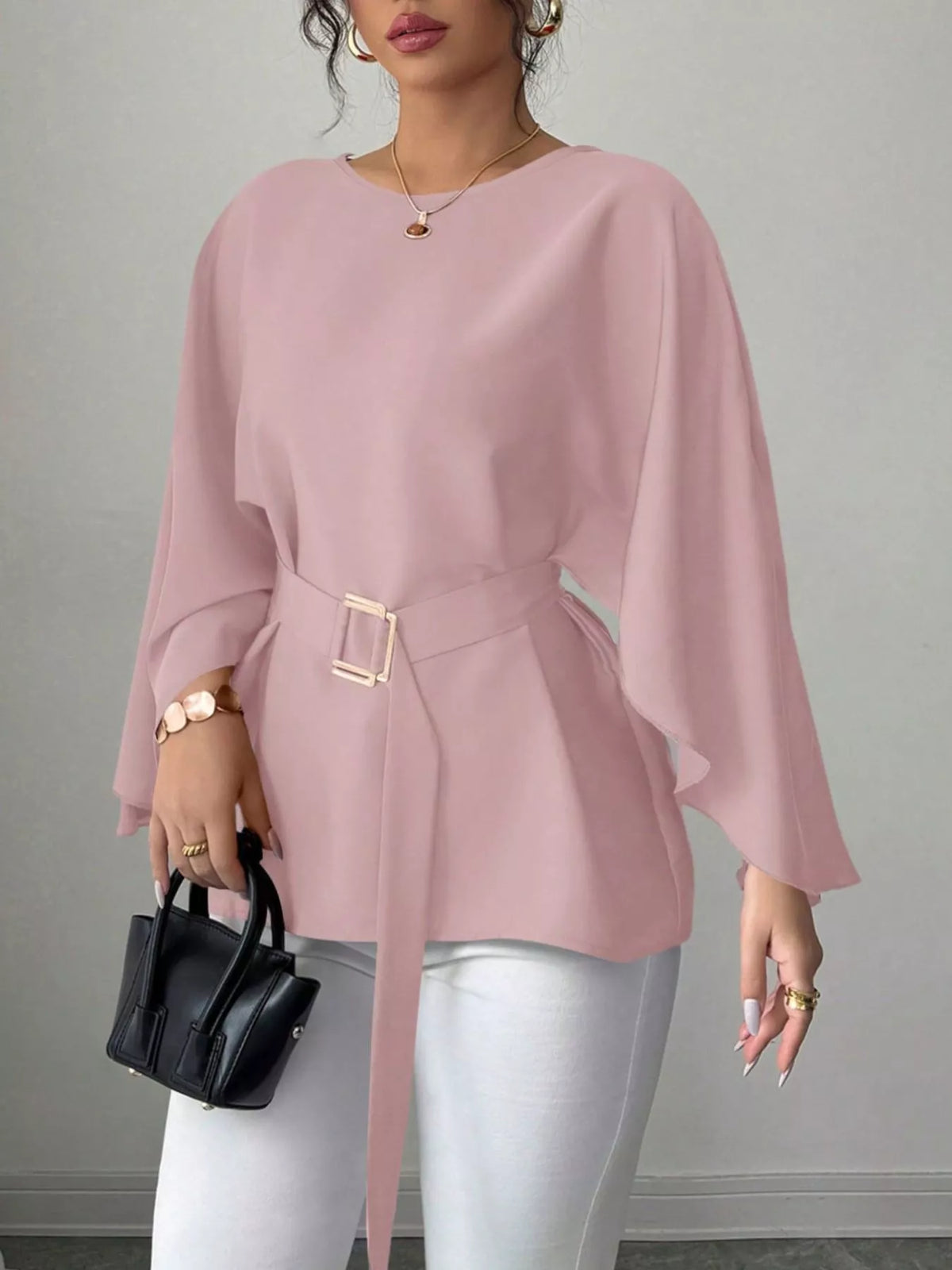 Plush Fashion Hub batwing sleeve belted blouse with flowy fabric and stylish design, perfect for casual or office wear.