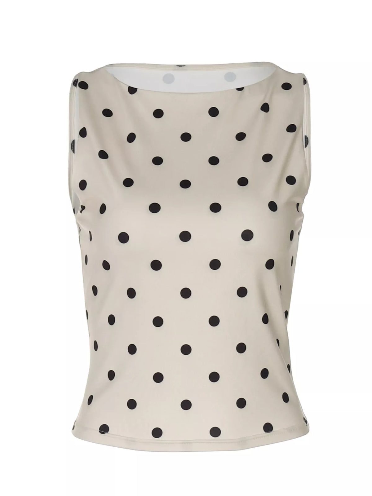 Plush Fashion Hub polka dot tank top featuring black and white dots, sleeveless design, and lightweight fabric.