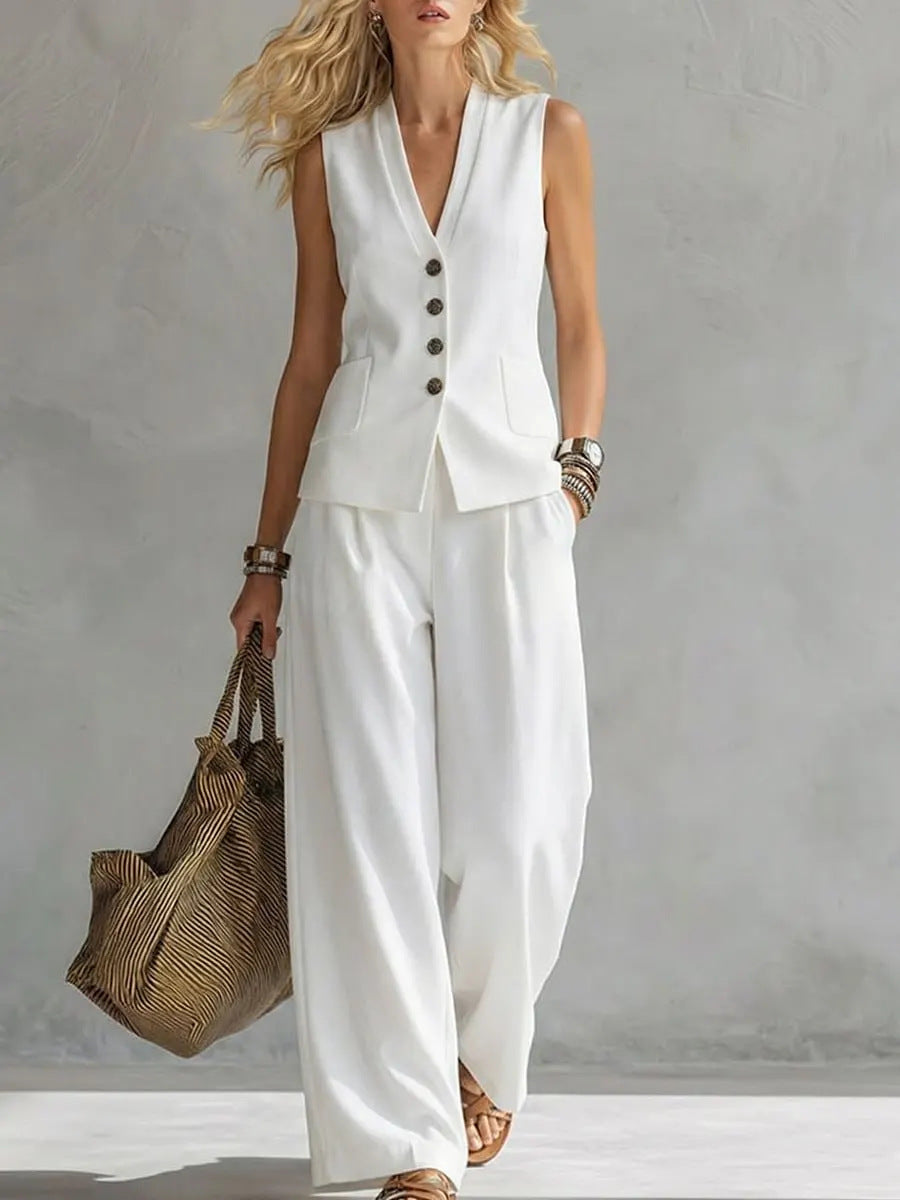 Women's solid linen sleeveless tank top and full-length pants set in casualwear style, shown in natural beige color.