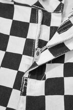 Women’s checkerboard print distressed raw edge cropped jeans by Trendsi, featuring a trendy checkerboard pattern and raw hem details.