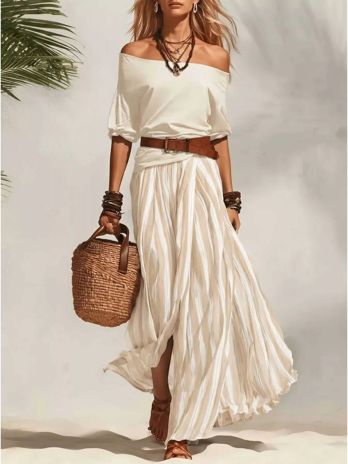 Off-shoulder top and striped maxi skirt set by Plush Fashion Hub, featuring a stylish matching ensemble with flowy fabric and bold stripes.