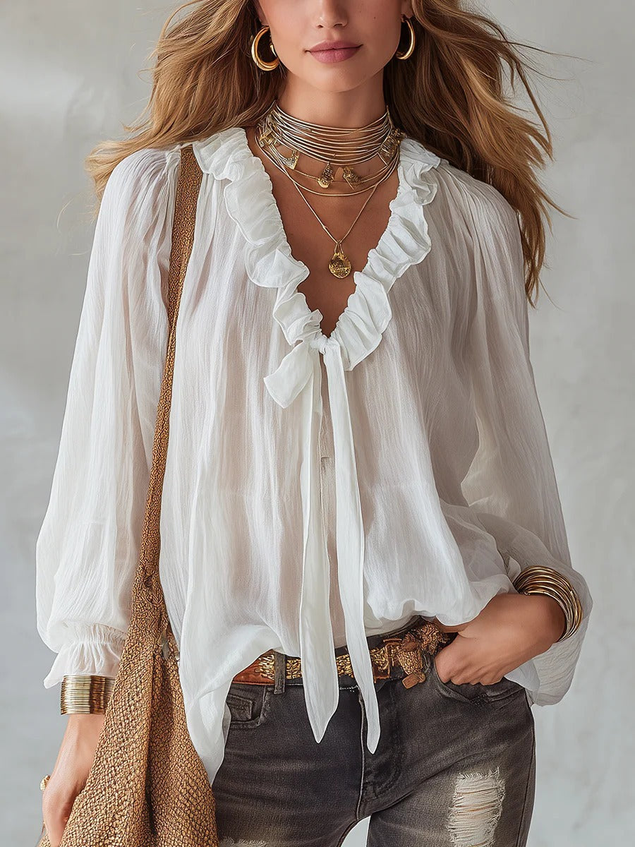 V-neck loose-fit casual shirt top by Plush Fashion Hub in no-iron fabric, shown in a neutral color with a relaxed fit.