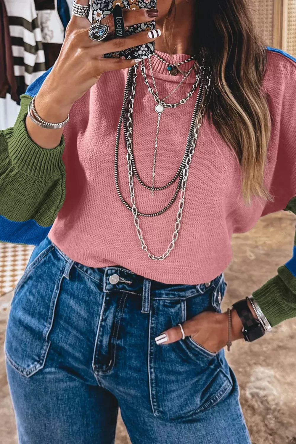 Multicolour Western colorblock patchwork striped long sleeve sweater for women, stylish shirt by Trendsi with vibrant mixed patterns.