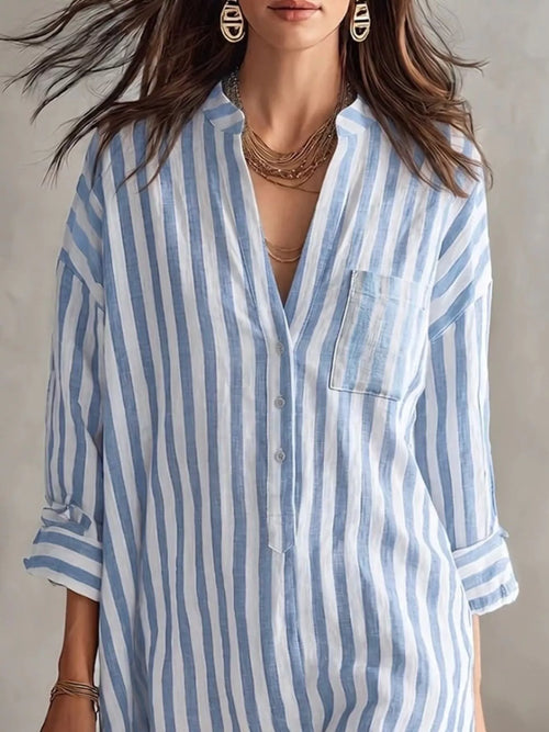 Plus size striped 3/4 sleeve shirt dress by Trendsi, featuring a full-length design with a classic collar and button front.