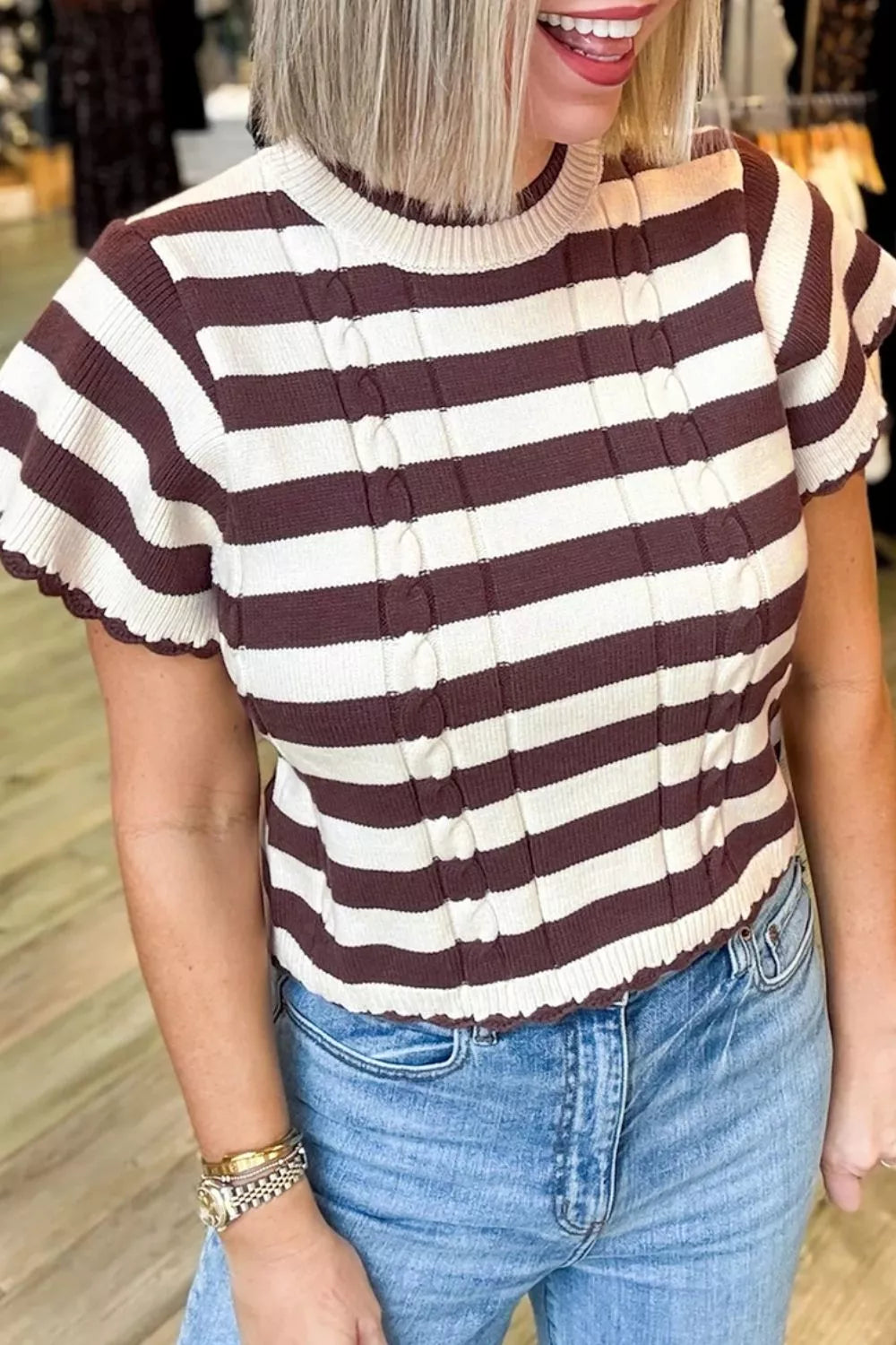 Women’s short sleeve stripe ribbed knit sweater with cable detail, Trendsi brand, featuring a stylish cable-knit pattern and ribbed texture.