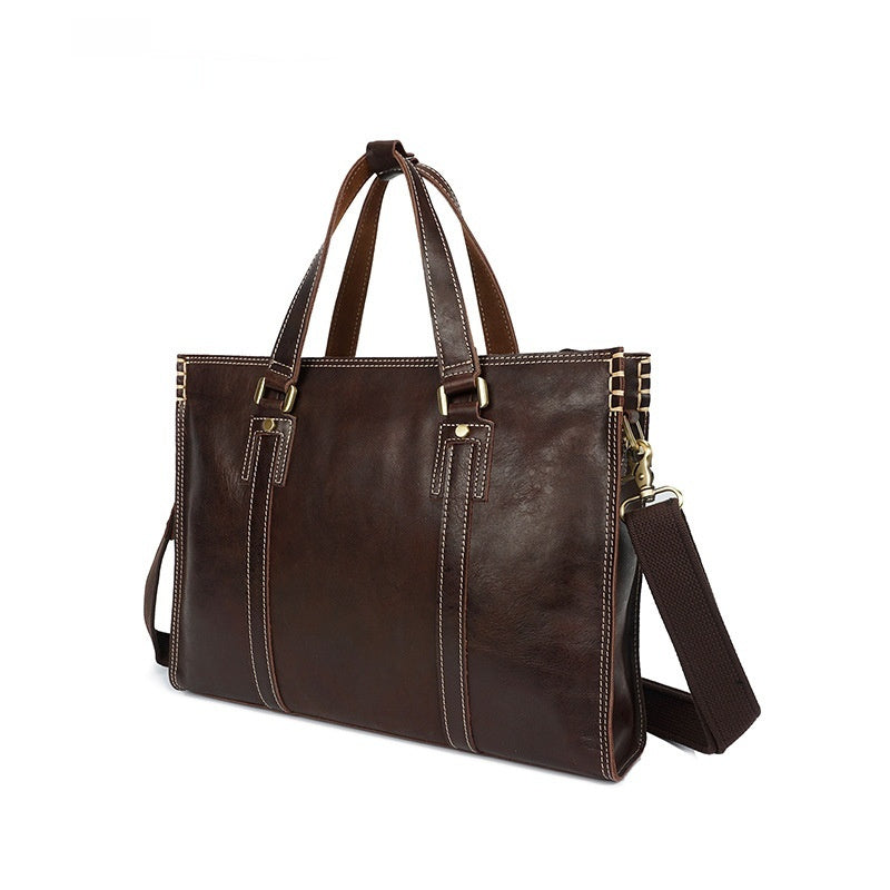 Pi-Mart first layer cowhide oily leather shoulder messenger bag with adjustable strap and classic design.