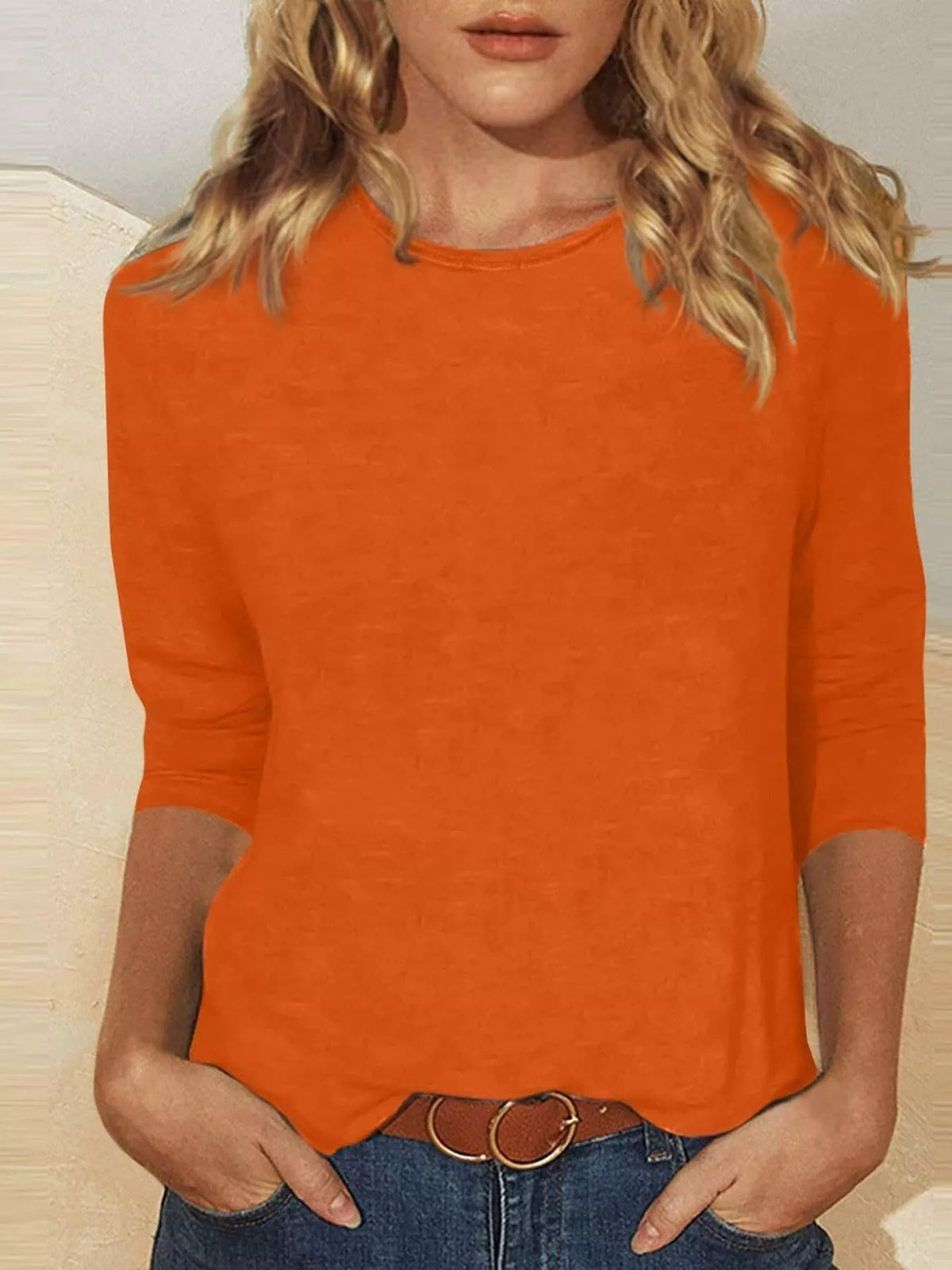 Solid color round neck T-shirt from Plush Fashion Hub, showing a comfortable fit and simple design in the image.
