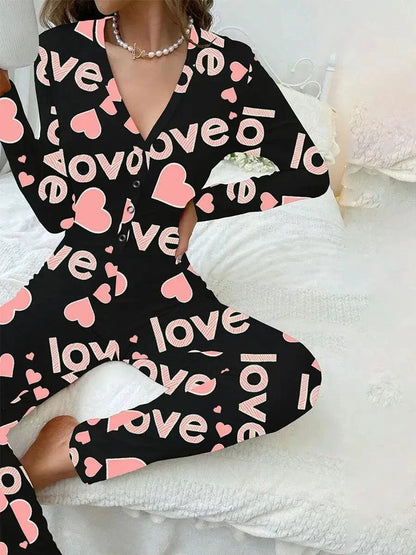 Women Jumpsuit Long Sleeve V Neck Button Closure Letters Heart Print LThe beautiful heart print and V-neck design make it a perfect choice for festive occasions. The long sleeve and button closure add a touch of comfort and conveniencePajamasPlush Fashions ShopPlush Fashion Shop