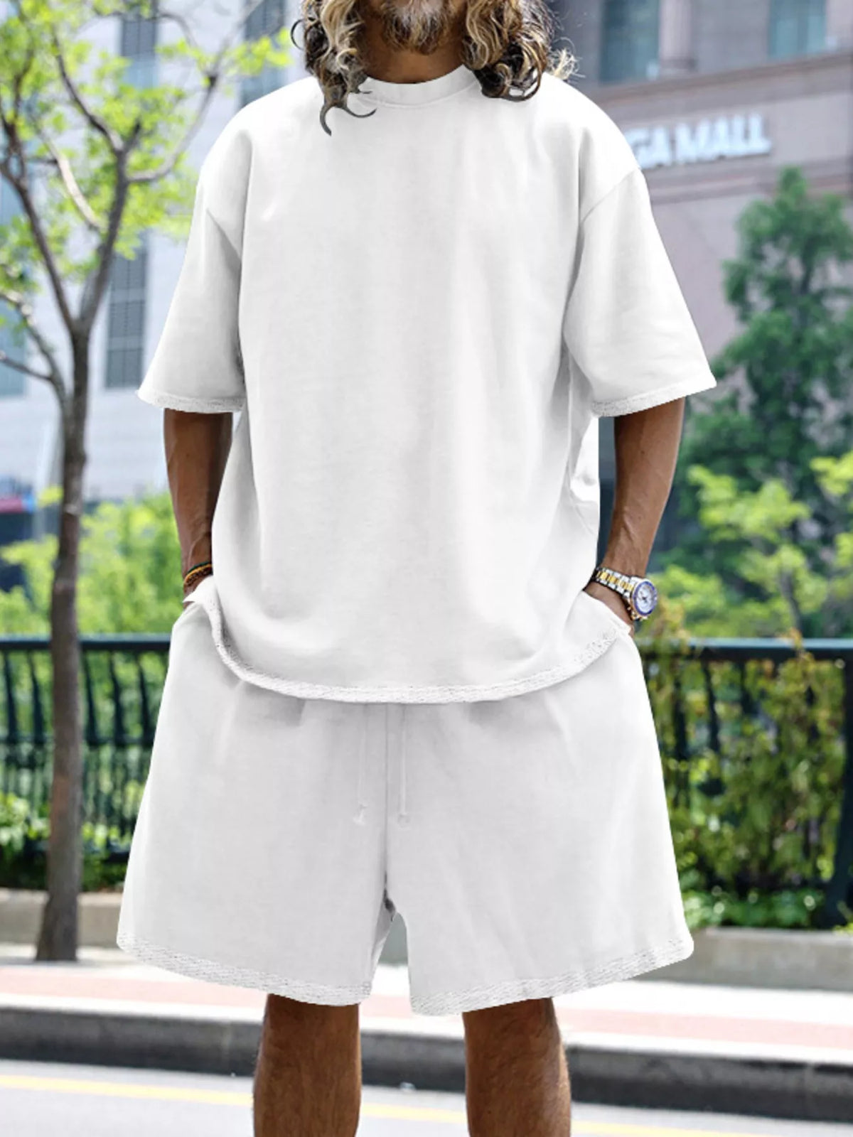 Men's relaxed fit T-shirt and shorts set by Plush Fashion Hub, plus size casual tops and shorts for comfortable everyday wear.