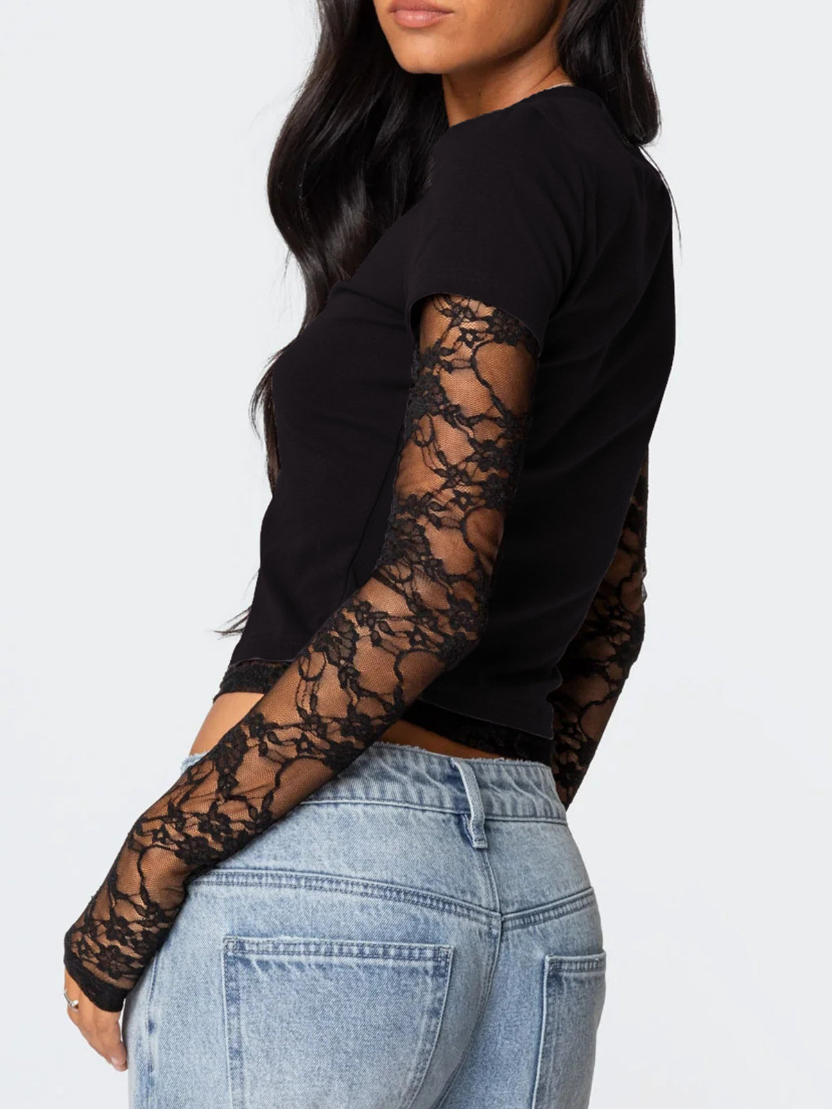 Women's fitted lace sleeve casual T-shirt by Plush Fashion Hub, featuring a stylish and comfortable design.