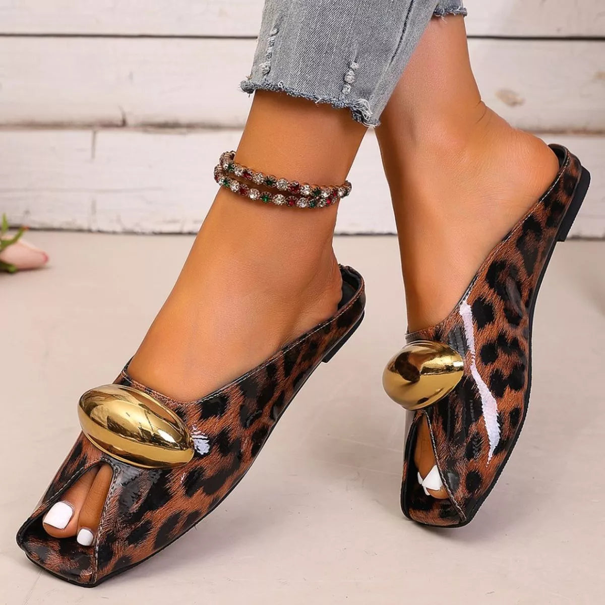 Plush Fashion Hub leopard open toe sandals with plush straps and chunky heel, featuring stylish animal print design.