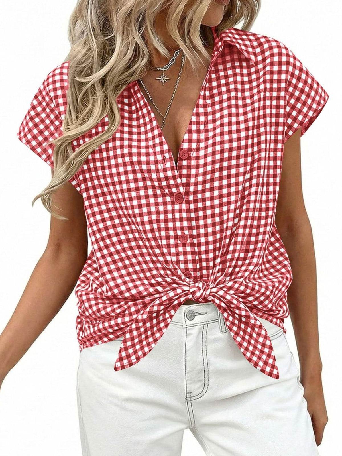 Women's gingham print button-down shirt with tie detail by Plush Fashion Hub, featuring classic pattern and stylish design.