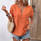 LadyShow.Store women's buttoned V-neck short-sleeve T-shirt top, casual tops with front buttons and a V-neck design.