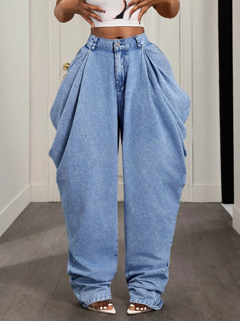 Baggy ruched jeans by Shopimist featuring relaxed fit, high waist, and ruched detailing on denim fabric.