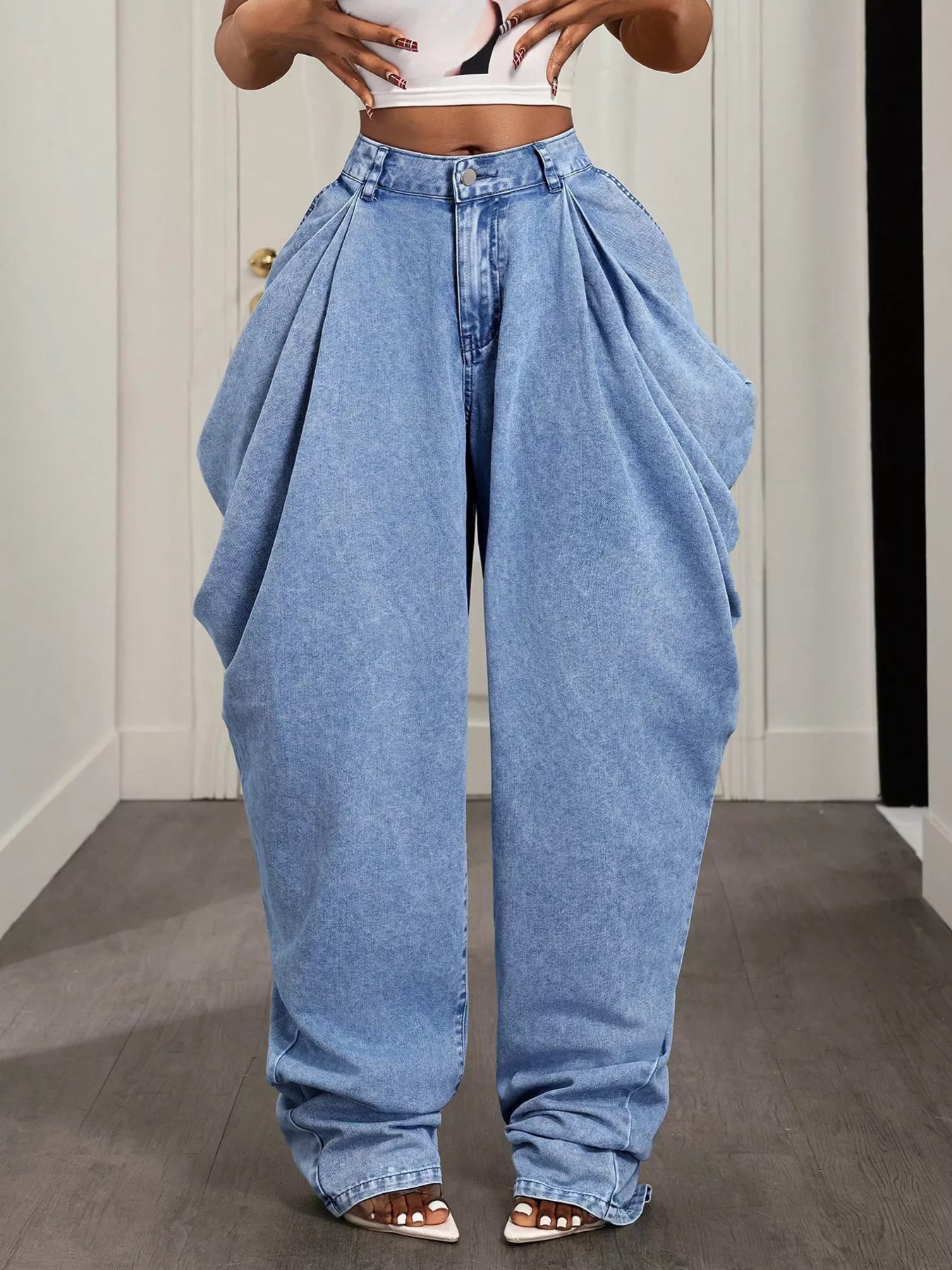 Baggy ruched jeans by Shopimist featuring relaxed fit, high waist, and ruched detailing on denim fabric.