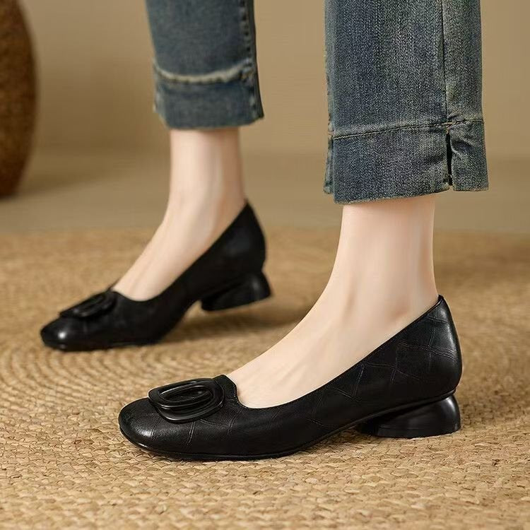 Women's vintage French slip-on flats with round toes, low chunky heels, Mary Jane style, by Plush Fashion Hub.