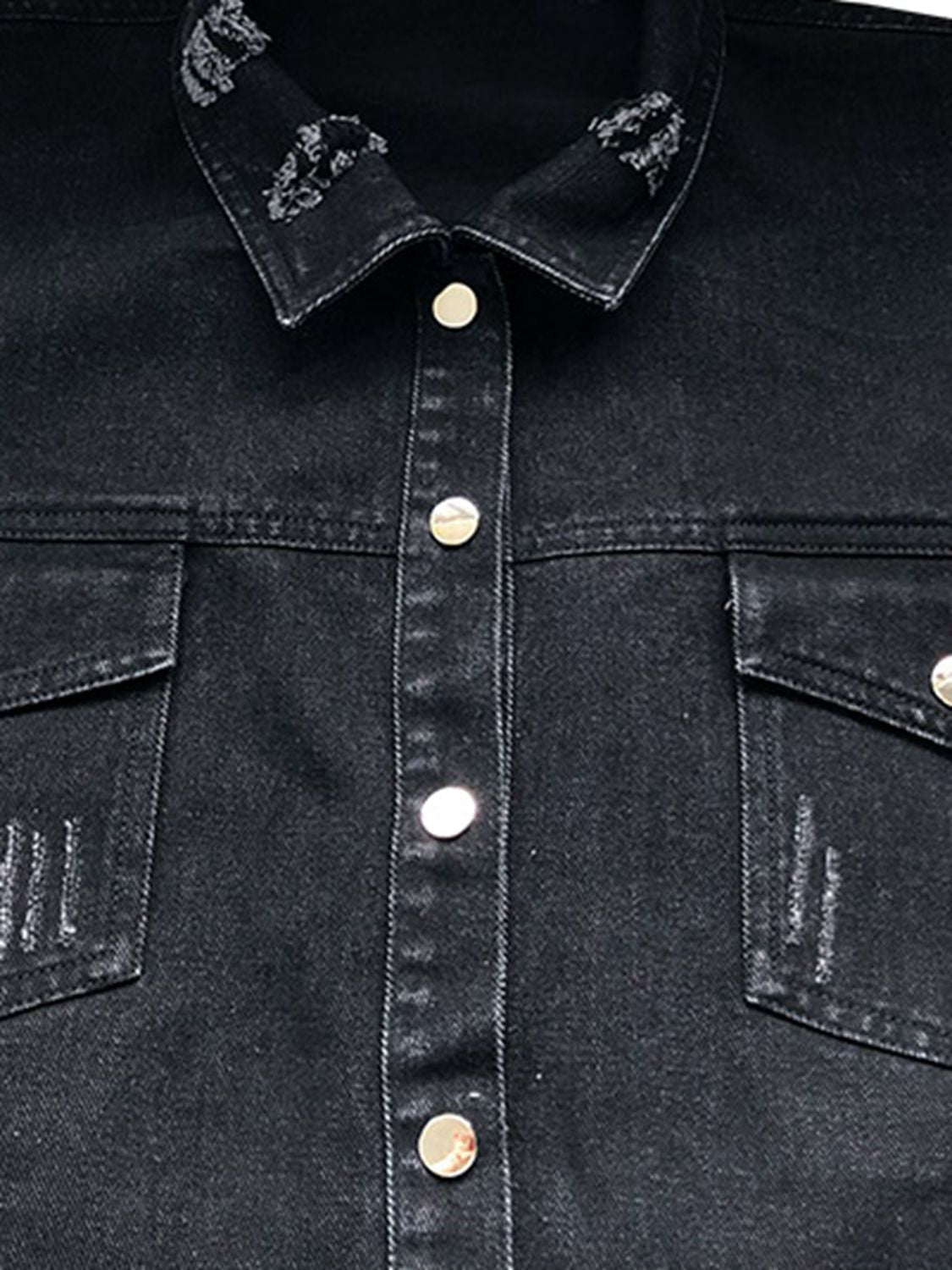 Raw hem collared neck long sleeve denim jacket by Plush Fashion Hub, shown with button closure and classic blue denim fabric.