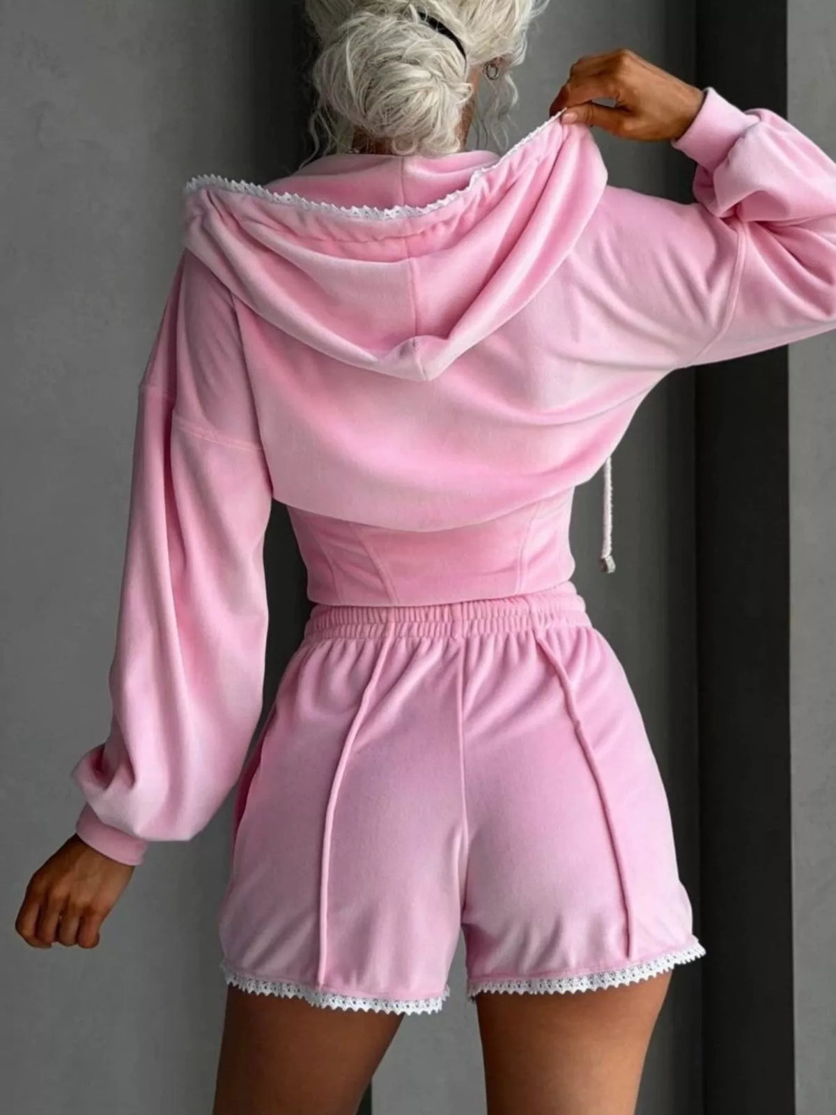 Plush Fashion Hub zip-up hooded outerwear and shorts set in soft plush fabric, featuring a cozy hood and casual athletic style.