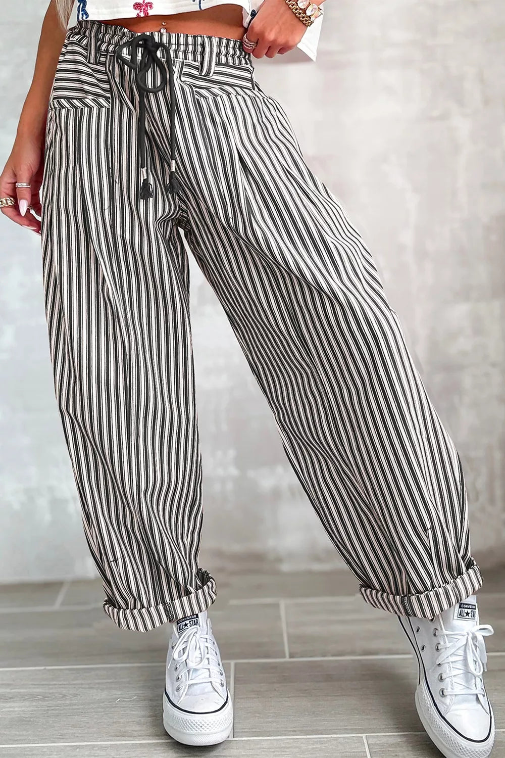 Light gray stripe drawstring casual loose pants from Trendsi, featuring a relaxed fit and comfortable waistband.