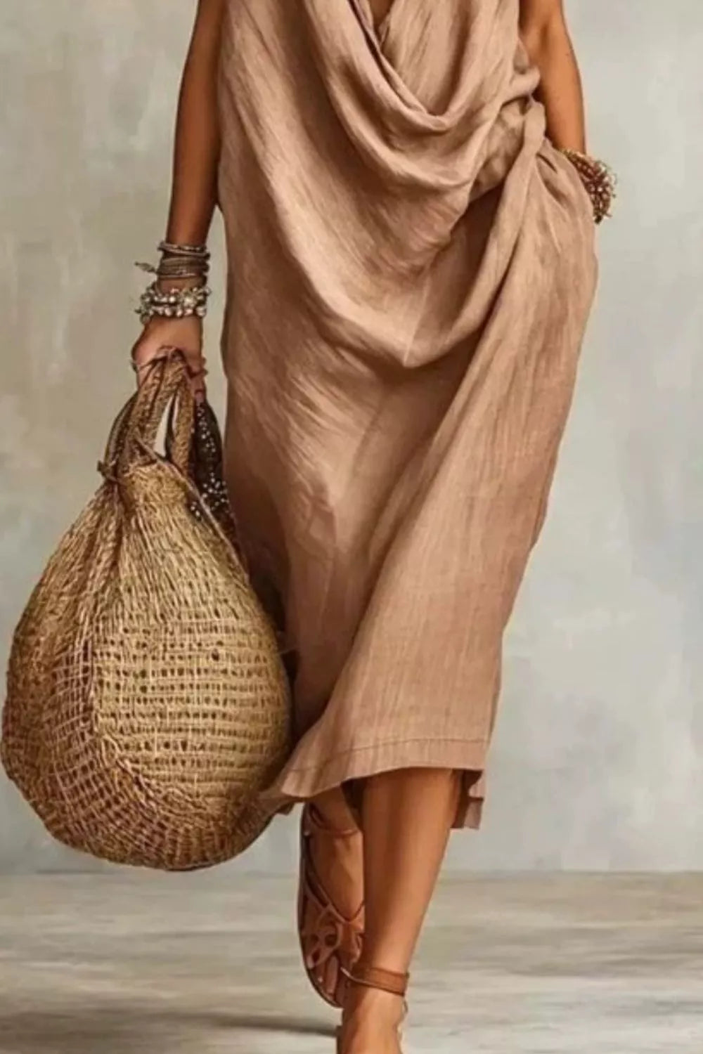 Sleeveless drape neck midi dress by Plush Fashion Hub, featuring a stylish flowy silhouette and elegant design.