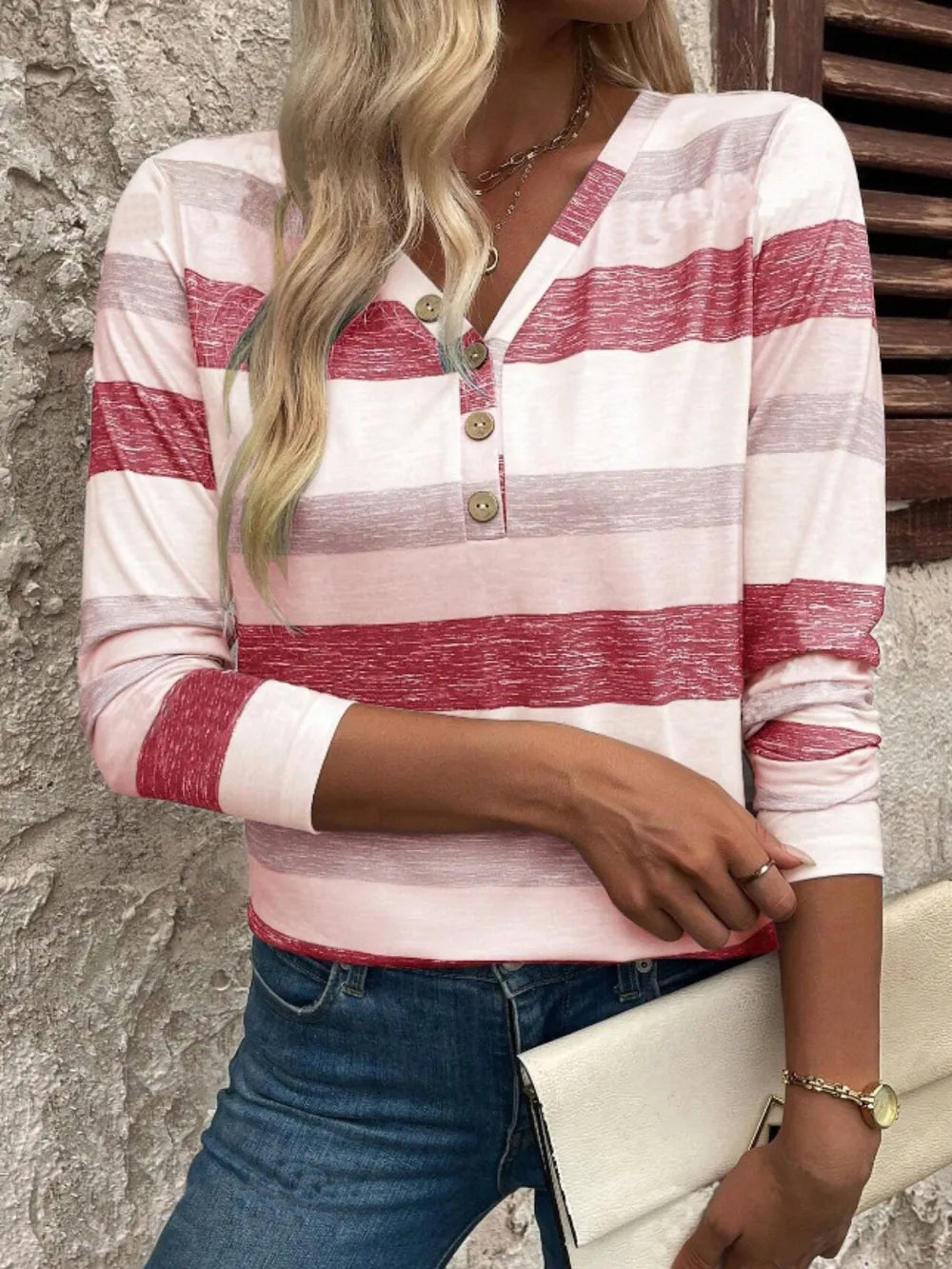 Contrast striped V-neck long sleeve T-shirt from Plush Fashion Hub, featuring a stylish striped pattern and a comfortable fit.