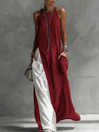 Women's sleeveless off-shoulder loose maxi dress with pockets by FitiqueFit, flowing casualwear in soft fabric.