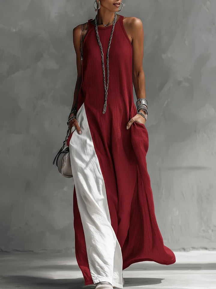 Women's sleeveless off-shoulder loose maxi dress with pockets by FitiqueFit, flowing casualwear in soft fabric.