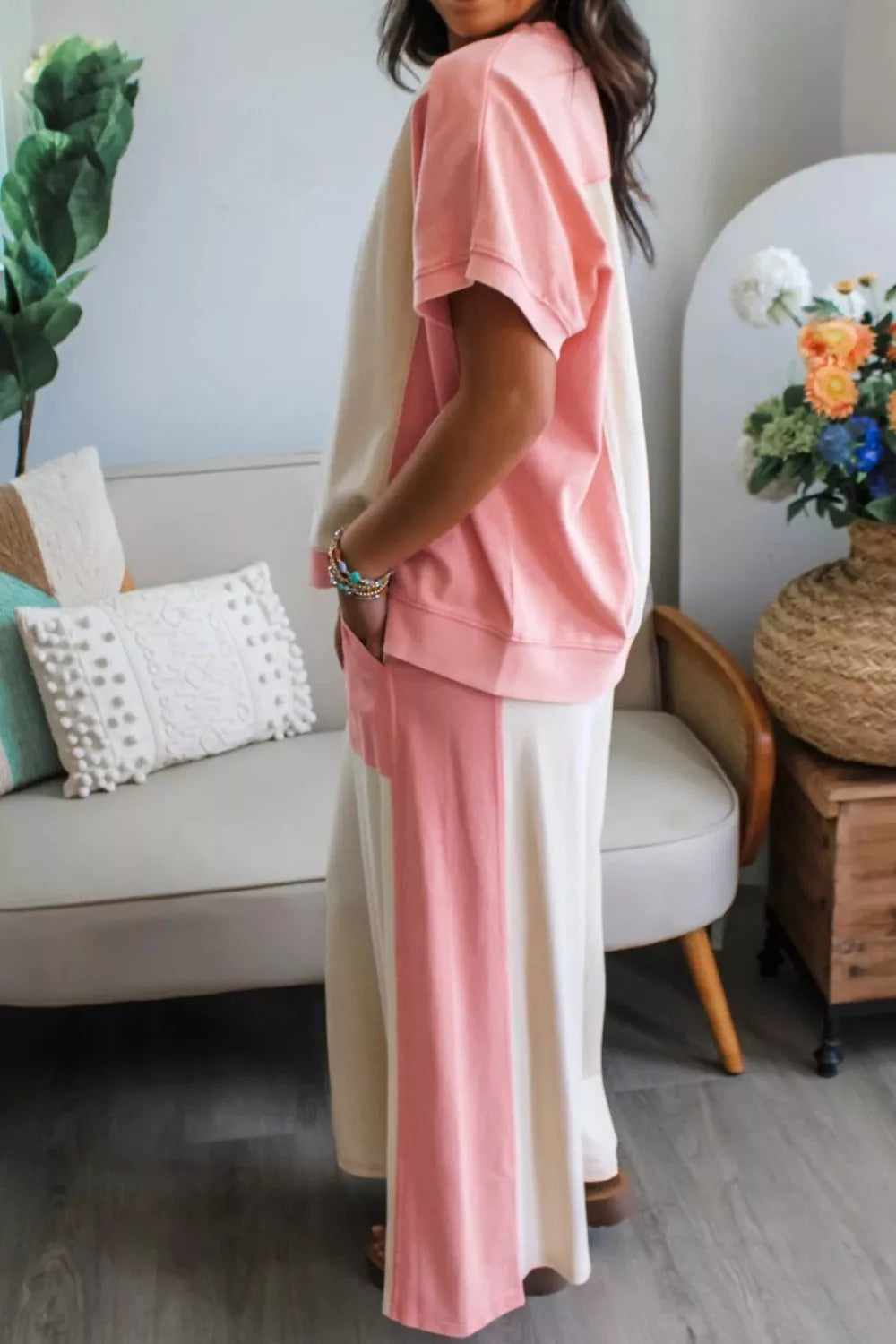 Two-tone color block patchwork loungewear set with a tee and drawstring loose pants from Plush Fashion Hub