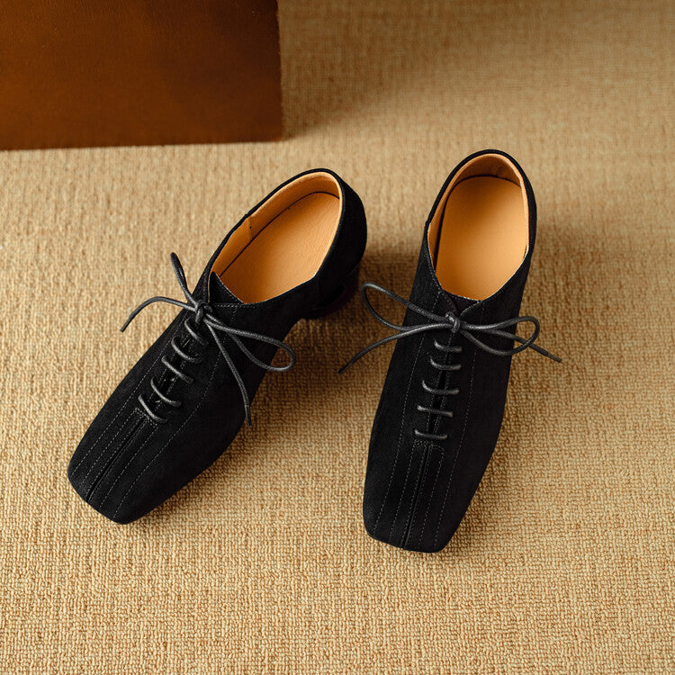 Women's retro sheepskin square toe chunky heel pumps with lace-up design and mid heel from Plush Fashion Hub.