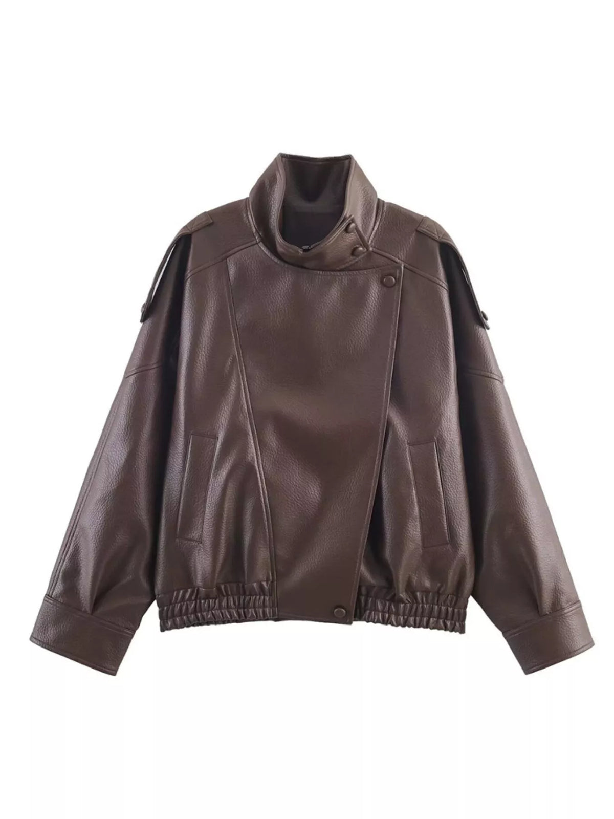 Trendsi women's asymmetrical faux leather moto jacket with stylish design and fitted silhouette, shown in black.