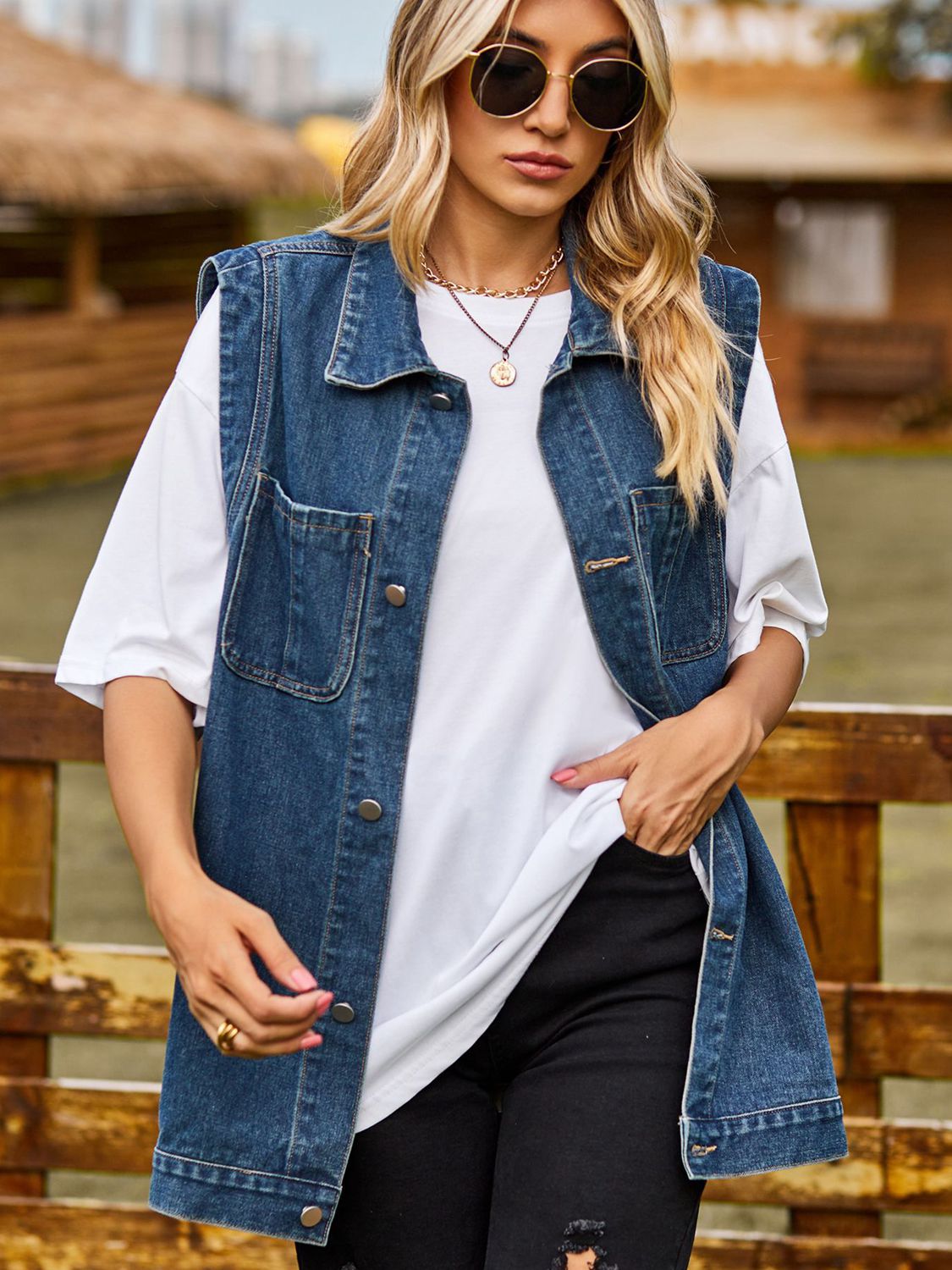 Plush Fashion Hub button-down denim vest featuring classic blue denim, sleeveless design, and front button closures.