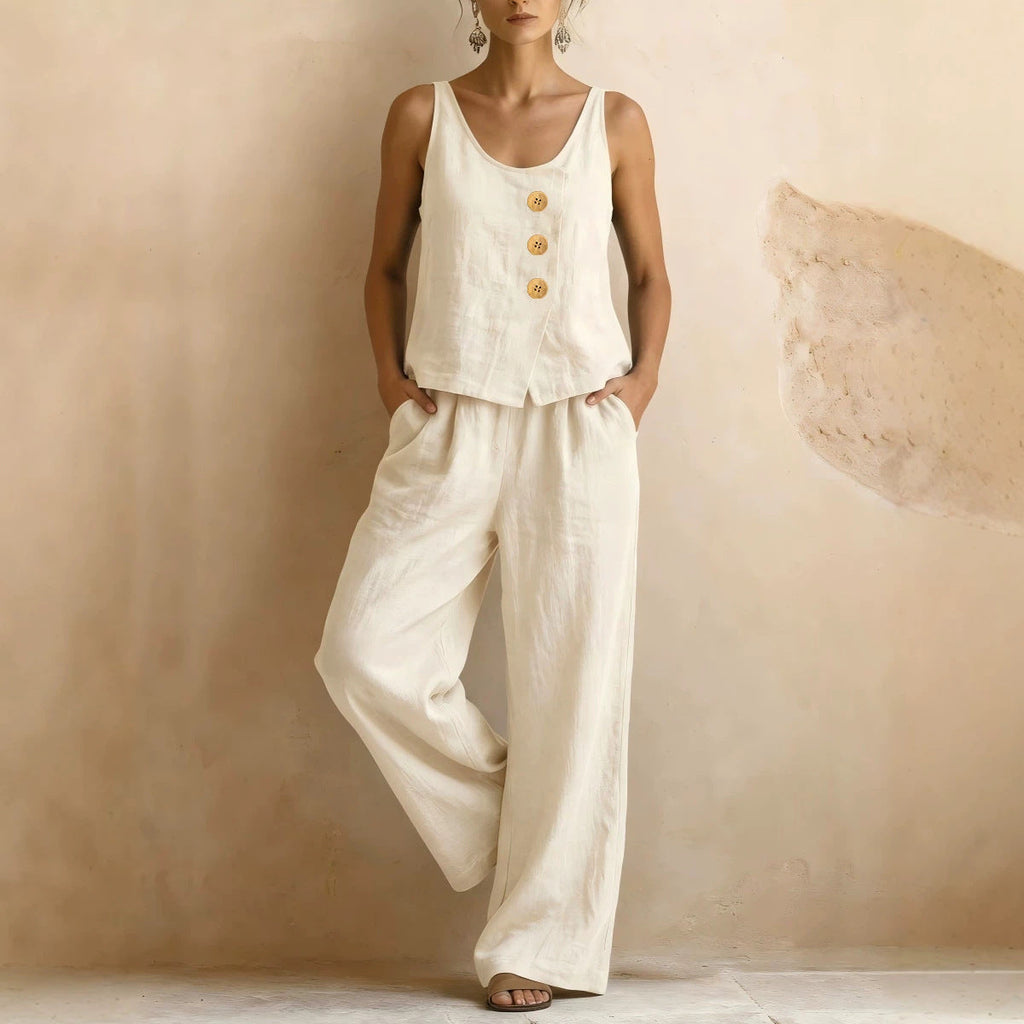 Women's sleeveless tank top and pants two-piece casualwear set by FitiqueFit, featuring a relaxed fit and comfortable fabric.