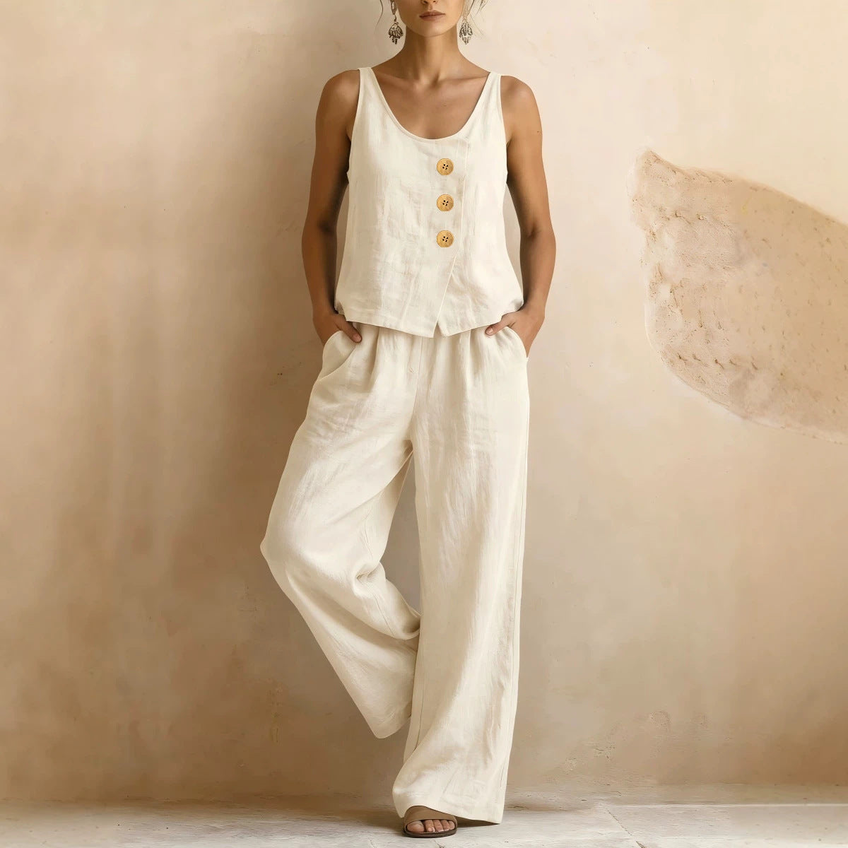 Women's sleeveless tank top and pants two-piece casualwear set by FitiqueFit, featuring a relaxed fit and comfortable fabric.