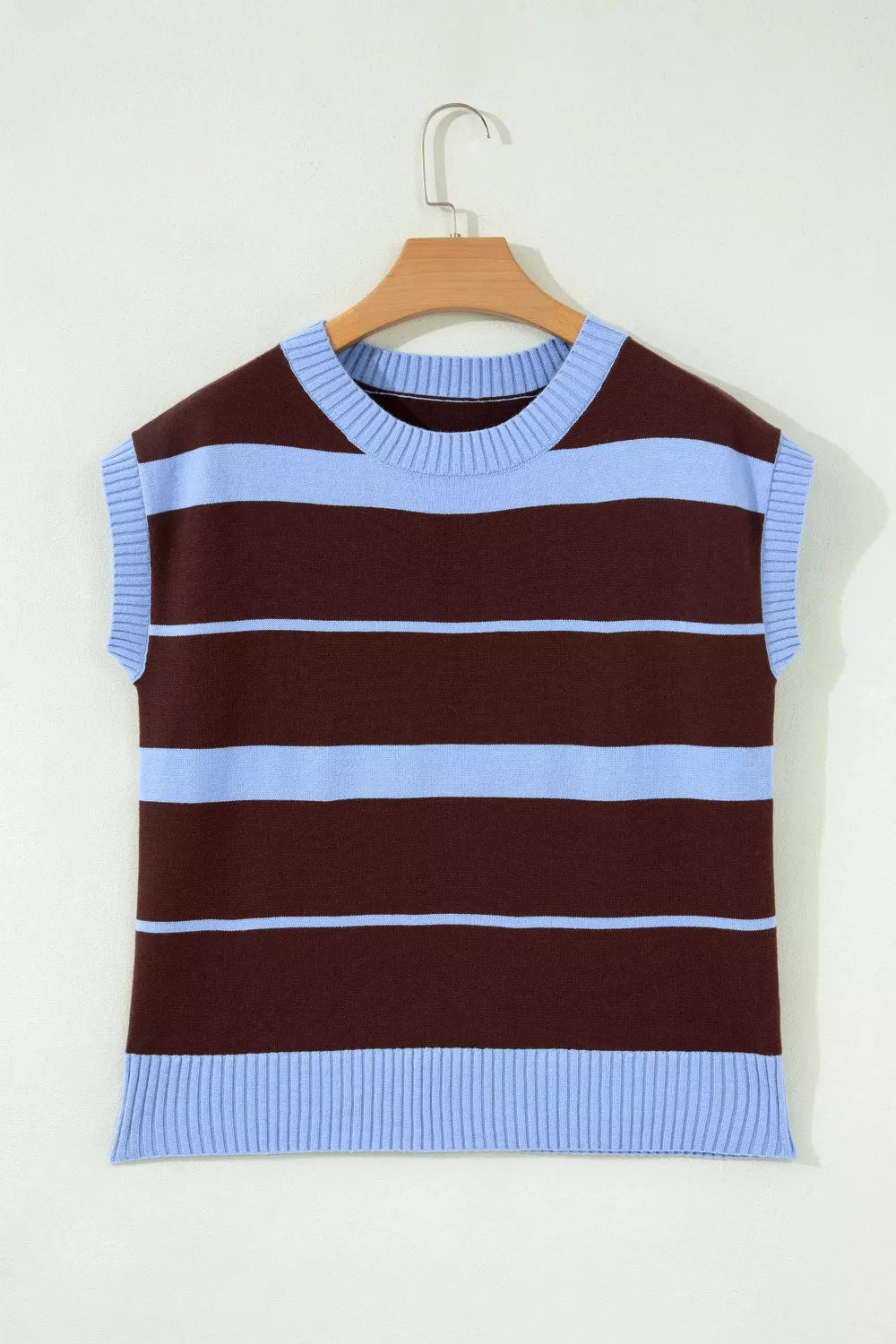 Striped short sleeve round neck casual knit top by Plush Fashion Hub, featuring a vibrant striped pattern and comfortable fit.