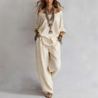 FitiqueFit chiffon puff-sleeve top and wide-leg pants casualwear set in multiple colors, shown on a model.