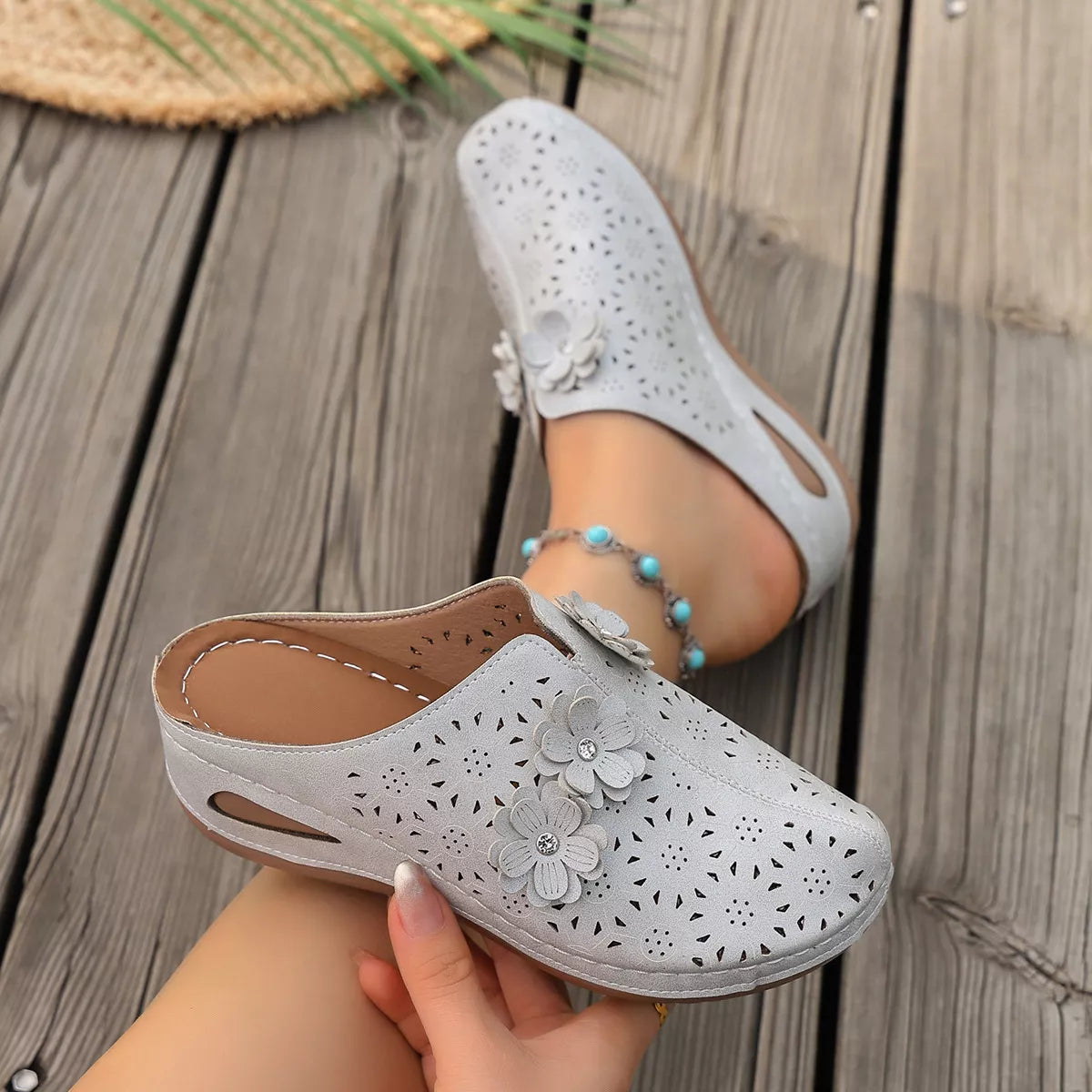 Plush Fashion Hub floral decor round toe sandals with colorful flower accents and comfortable flat sole.