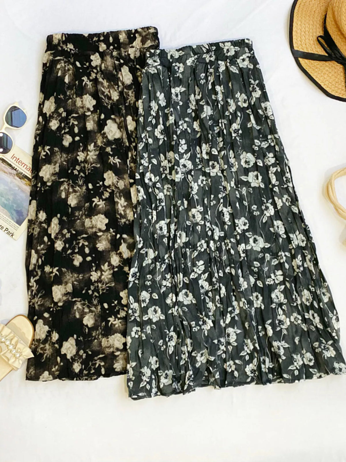 Floral print elastic waist midi skirt by Plush Fashion Hub, showcasing vibrant floral patterns and a comfortable fit.