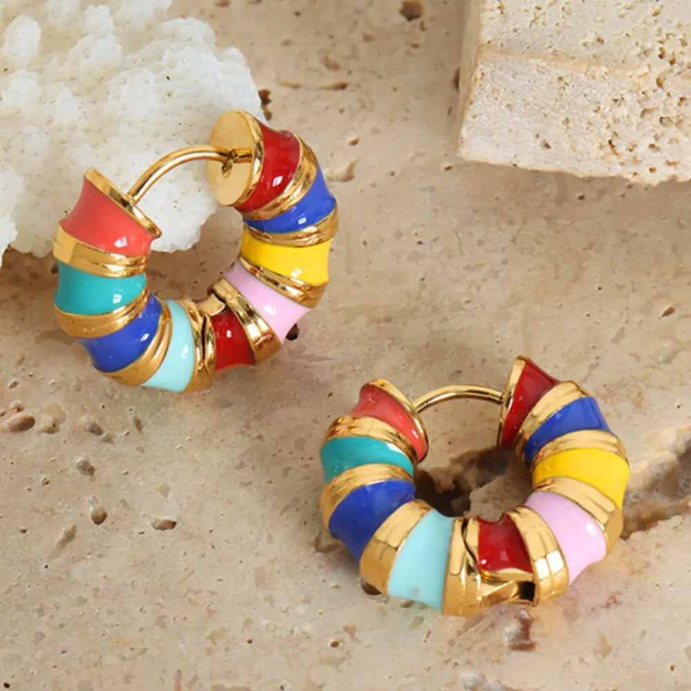 Titanium steel enamel hoop earrings with colorful designs, stylish jewelry from Plush Fashion Hub for fashion accessories.