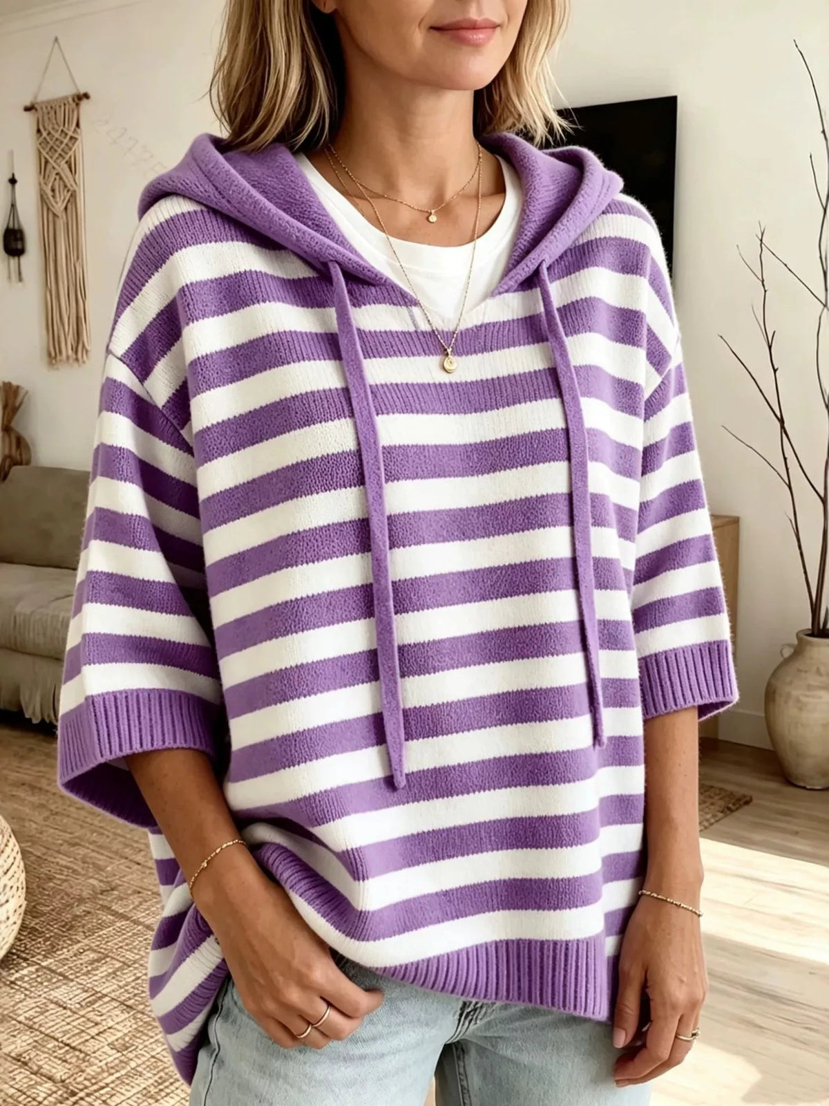 Plus size striped hooded sweater with drawstring, full-zip design, casual style, by Trendsi, shown on a model.