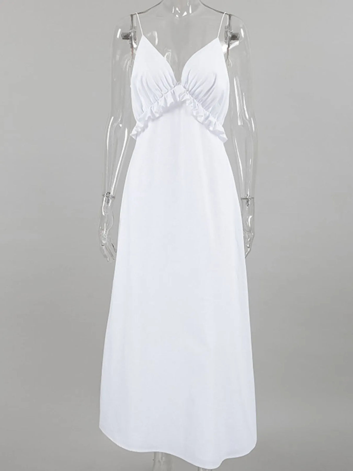 Women’s ruffled V-neck cotton maxi dress by Plush Fashion Hub, flowy summer boho dress with ruffle details and a relaxed fit.