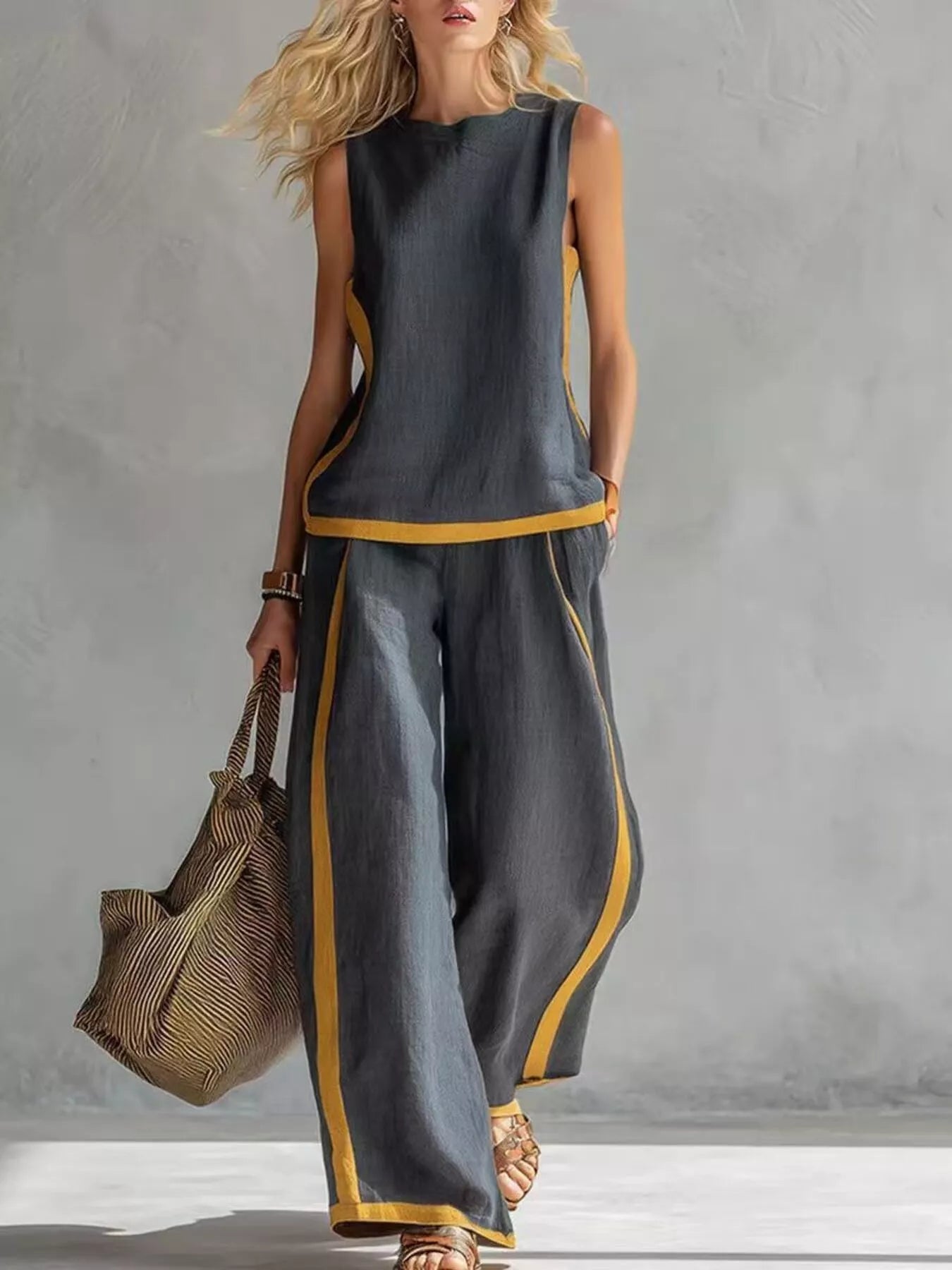 Plus size contrast stripe sleeveless top and wide-leg pants set by Trendsi, featuring a stylish, coordinated look with bold stripes.