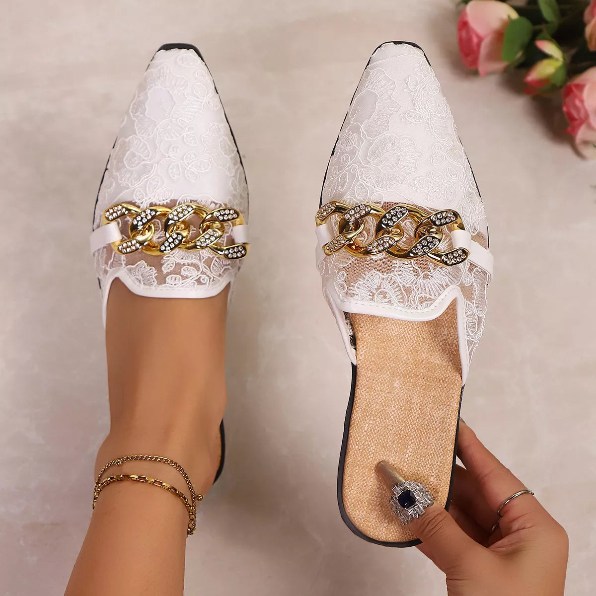 Plush Fashion Hub point toe chain detail sandals with sleek design and open toe style, perfect for stylish summer footwear.