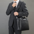 Genuine leather Pi-Mart men's large capacity briefcase with horizontal design, cowhide first layer leather, suitable for computer storage.