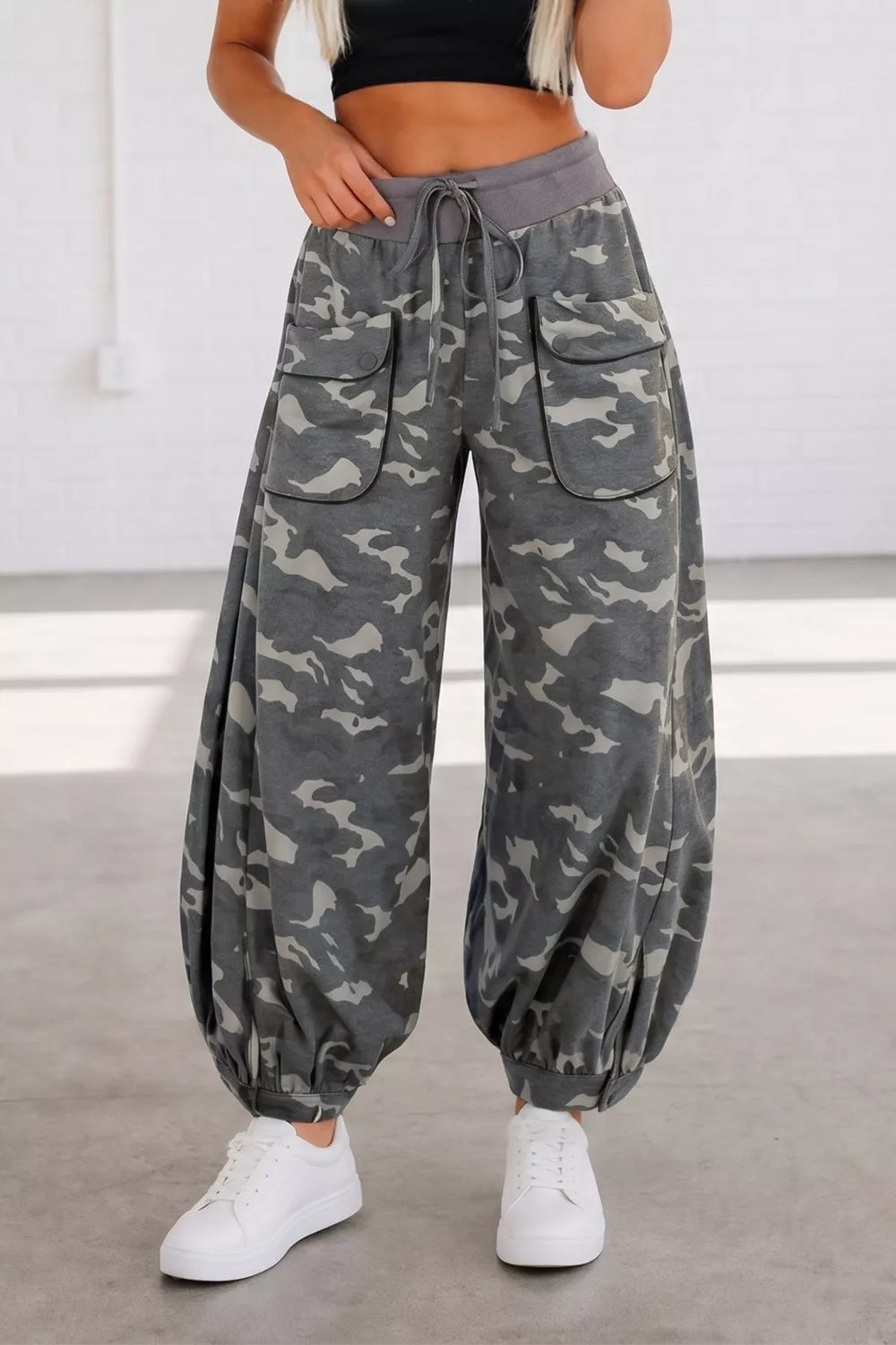 Multicolour camouflage cargo barrel pants with drawstring waist and contrast waistband by Plush Fashion Hub