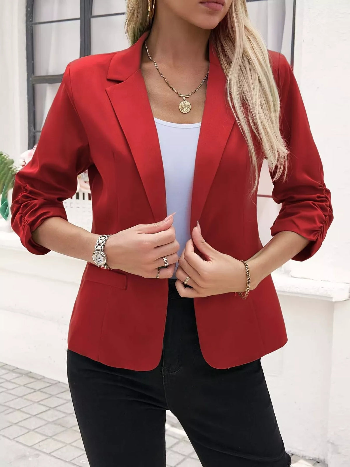 Plus size casual blazer with one button, lapel collar, from Trendsi, featuring a tailored fit and stylish design.