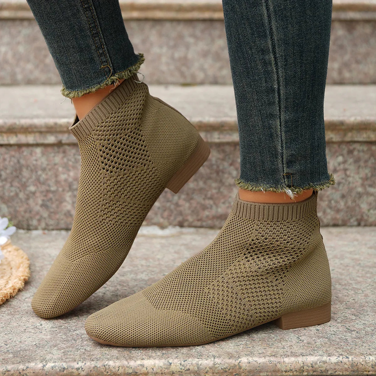 Women's mesh knit ankle boots with stretch comfort fit, stylish Trendsi shoes featuring breathable knit material and sleek design.