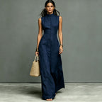 Women's sleeveless midi dress with stand collar and single-breasted design by FitiqueFit, ideal for casualwear.