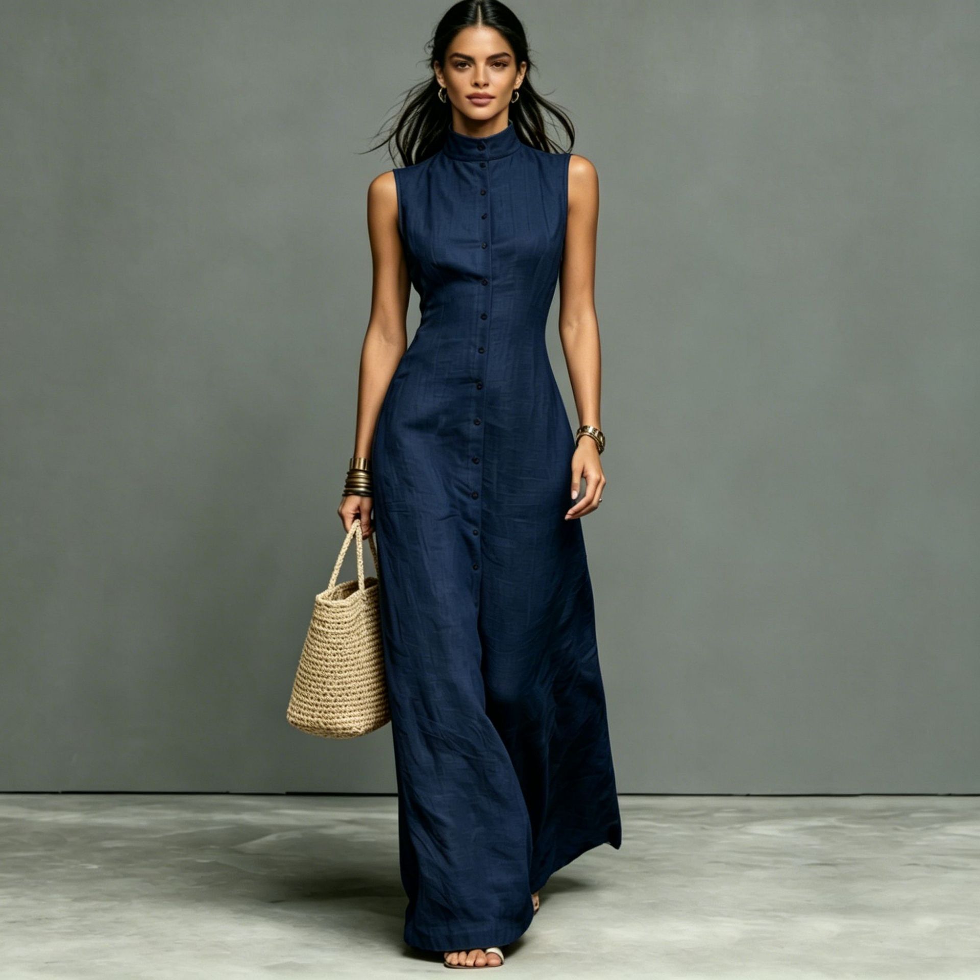 Women's sleeveless midi dress with stand collar and single-breasted design by FitiqueFit, ideal for casualwear.
