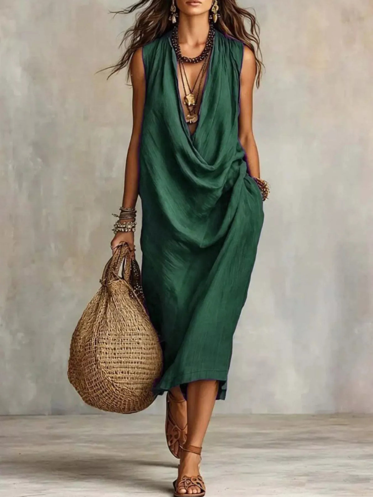 Plus size sleeveless cowl neck midi dress by Trendsi, featuring a flowing silhouette and stylish design in the image.